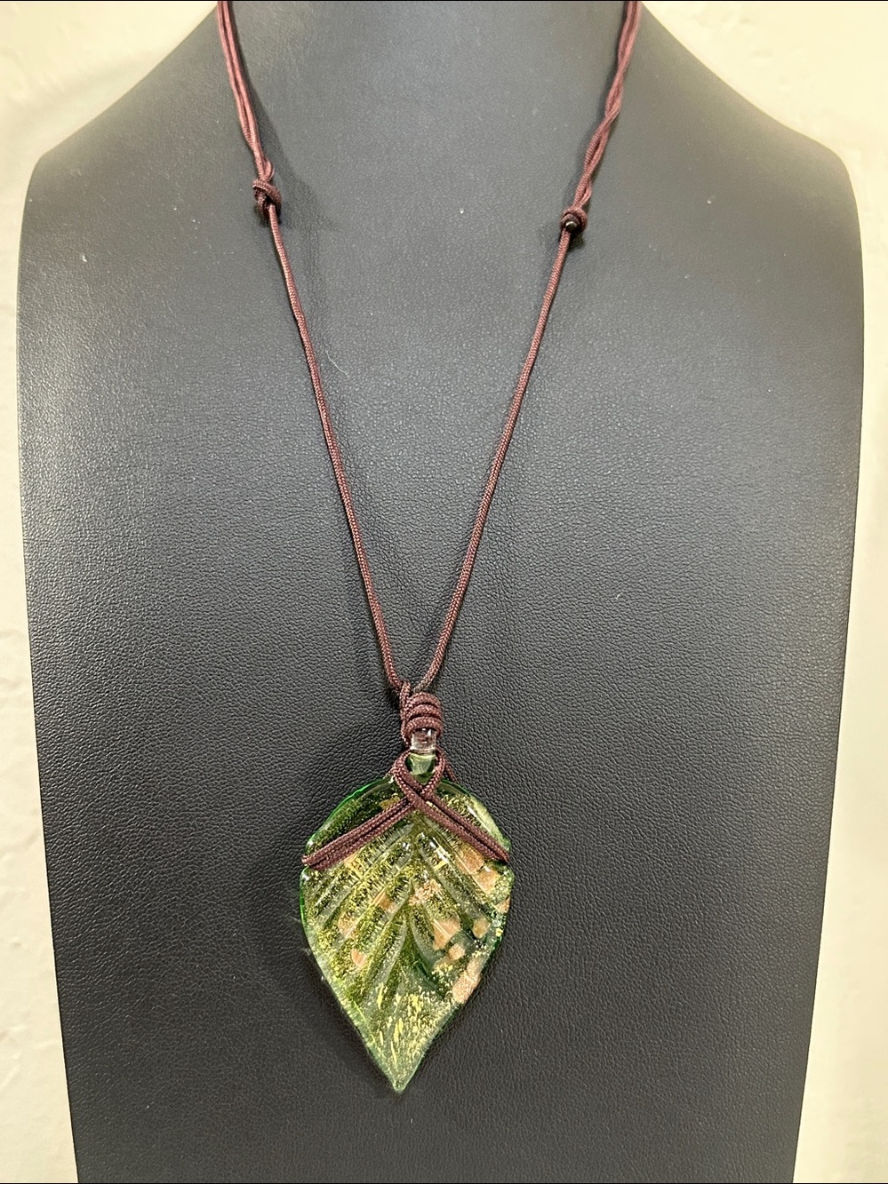Sparkling Dichroic Glass Green Leaf Pendant Necklace